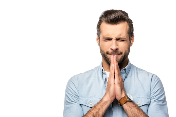 Bonito Homem Fazendo Por Favor Gesto Isolado Branco — Fotografia de Stock