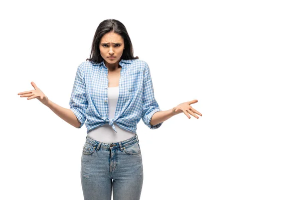 Chica Confundida Con Las Manos Extendidas Aislado Blanco Con Espacio —  Fotos de Stock