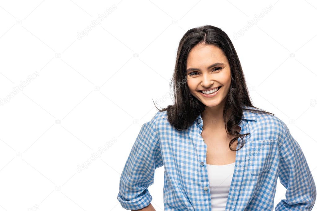 beautiful happy girl looking at camera Isolated On White