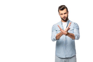adam dur işareti gösteren ve kamera İzole Beyaz bakıyor