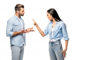 angry woman pointing with finger at man Isolated On White clipart