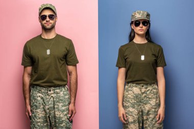 man and woman in military uniform and sunglasses on blue and pink clipart