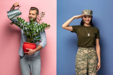 man watering plant while woman in military uniform saluting on blue and pink clipart