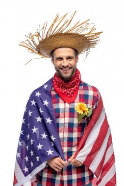 Amerikan bayrağı Beyaz İzole kaplı cebinde ayçiçeği ile Straw Hat adam