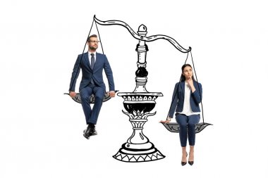 businessman and businesswoman in formal wear sitting on balance scales isolated on white clipart