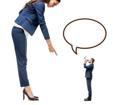 small businessman shouting in mouthpiece at big businesswoman pointing with finger Isolated On White with Speech Bubble clipart