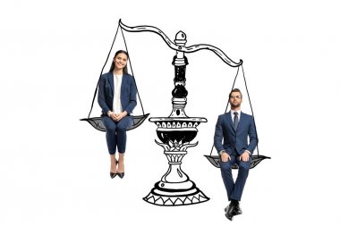 beyaz izole denge ölçekleri üzerinde oturan işadamı ve iş kadını