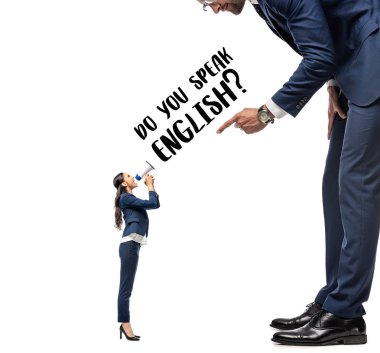 small businesswoman shouting in mouthpiece at big businessman pointing with finger Isolated On White with do you speak english? lettering clipart