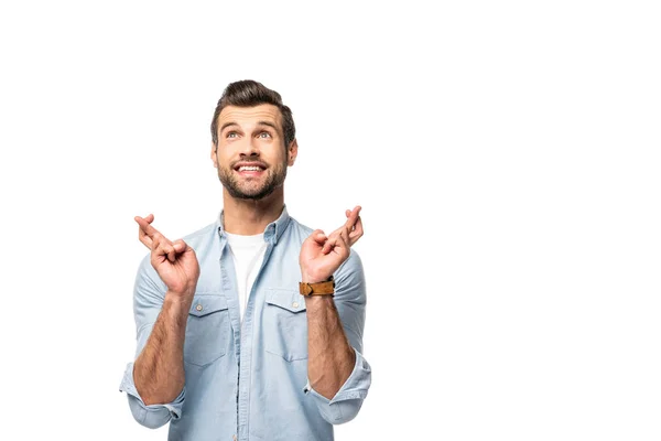 Excited Man Fingers Crossed Isolated White — Stock Photo, Image