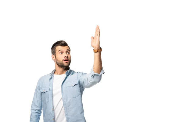 Surprised Man Raised Hand Isolated White Copy Space — Stock Photo, Image