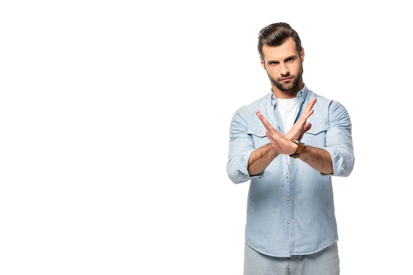 Man Showing Stop Sign Looking Camera Isolated White — Stock Photo, Image