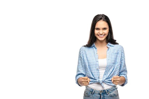 Happy Girl Gesturing Clenched Fists Isolated White Copy Space — Stock Photo, Image