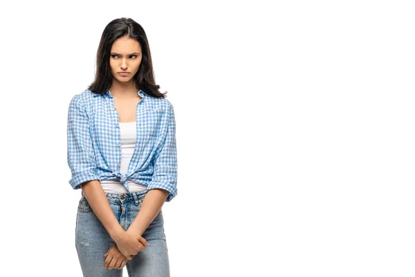 Hermosa Chica Triste Aislado Blanco Con Espacio Copia — Foto de Stock