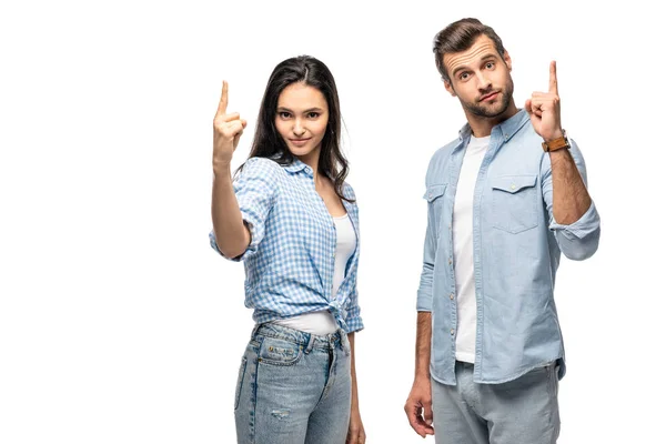 Mann Und Junge Frau Zeigen Mit Fingern Auf Weiß — Stockfoto