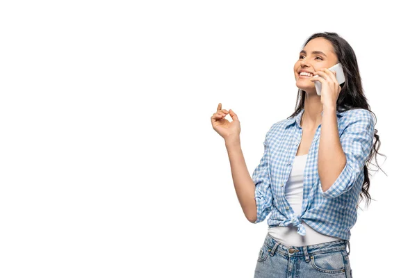 Chica Feliz Hablando Teléfono Inteligente Aislado Blanco Con Espacio Copia — Foto de Stock