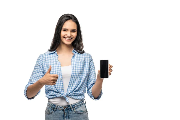 Ευτυχισμένο Κορίτσι Αντίχειρας Επάνω Πινακίδα Δείχνει Smartphone Κενή Οθόνη Απομονωμένη — Φωτογραφία Αρχείου