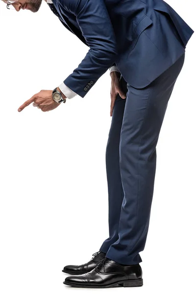 Cropped View Businessman Suit Pointing Finger Isolated White — Stock Photo, Image