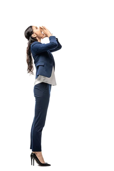 Beautiful Businesswoman Suit Shouting Isolated White Copy Space — Stock Photo, Image