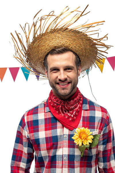 happy man in Straw Hat with sunflower in pocket Isolated On White