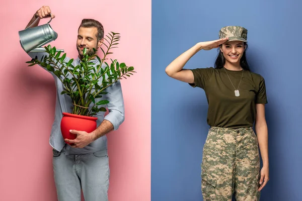 Чоловік Поливає Рослину Час Жінка Військовій Формі Засолюється Синьому Рожевому — стокове фото