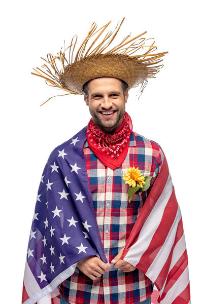man in Straw Hat with sunflower in pocket covered in american flag Isolated On White