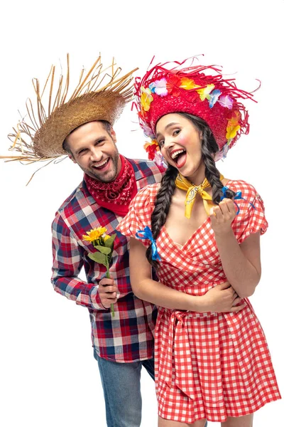 Fröhlicher Mann Und Junge Frau Festlicher Kleidung Mit Sonnenblumen Auf — Stockfoto