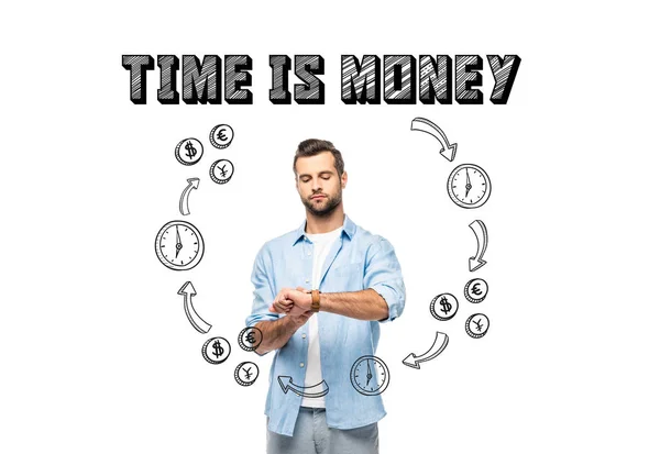 Man Looking Watch Isolated White Time Money Lettering Icons — Stock Photo, Image