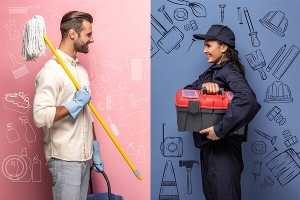 smiling man in rubber gloves with mop and woman in construction worker uniform with tool box on blue and pink