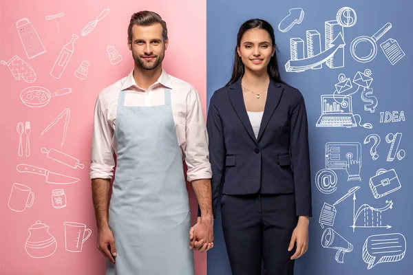 Smiling Man Apron Businesswoman Holding Hands Blue Pink — Stock Photo, Image