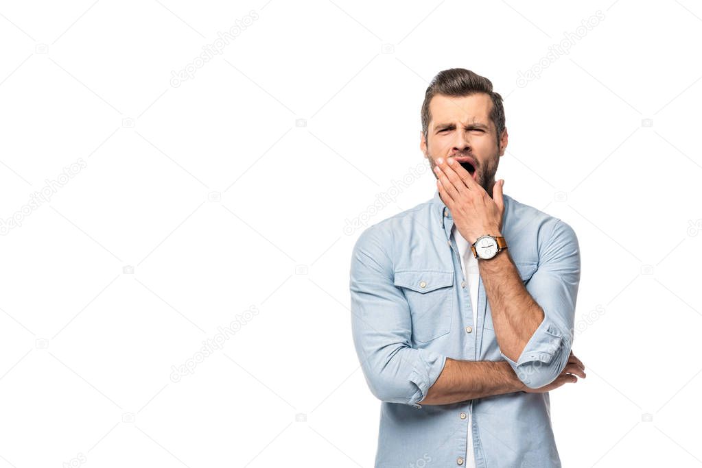 bored man yawning Isolated On White with copy space