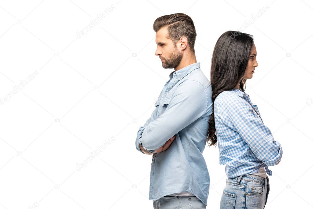 upset man and young woman standing back to back with crossed arms Isolated On White