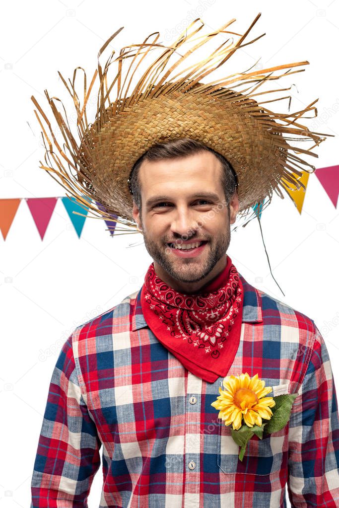 happy man in Straw Hat with sunflower in pocket Isolated On White