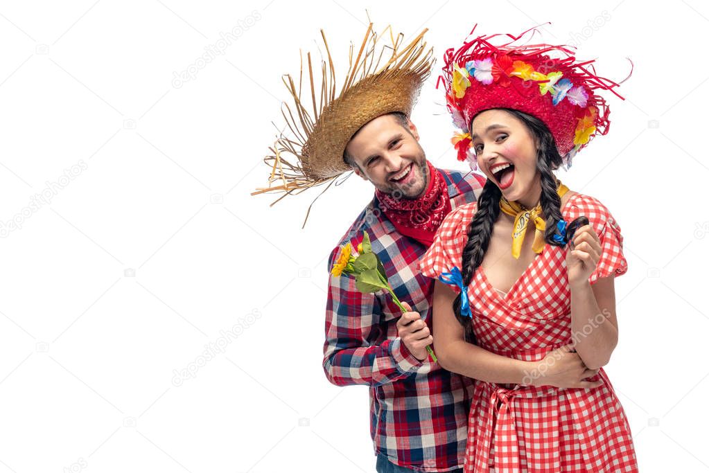happy man and young woman in festive clothes isolated on white with copy space