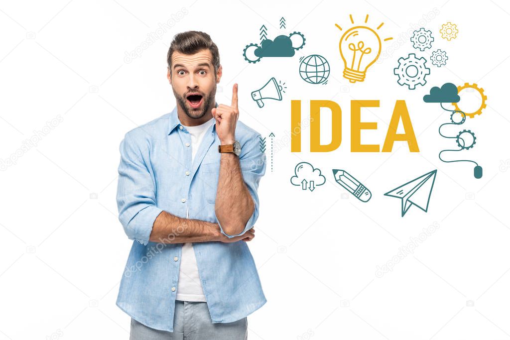 shocked man gesturing Isolated On White with idea lettering and icons
