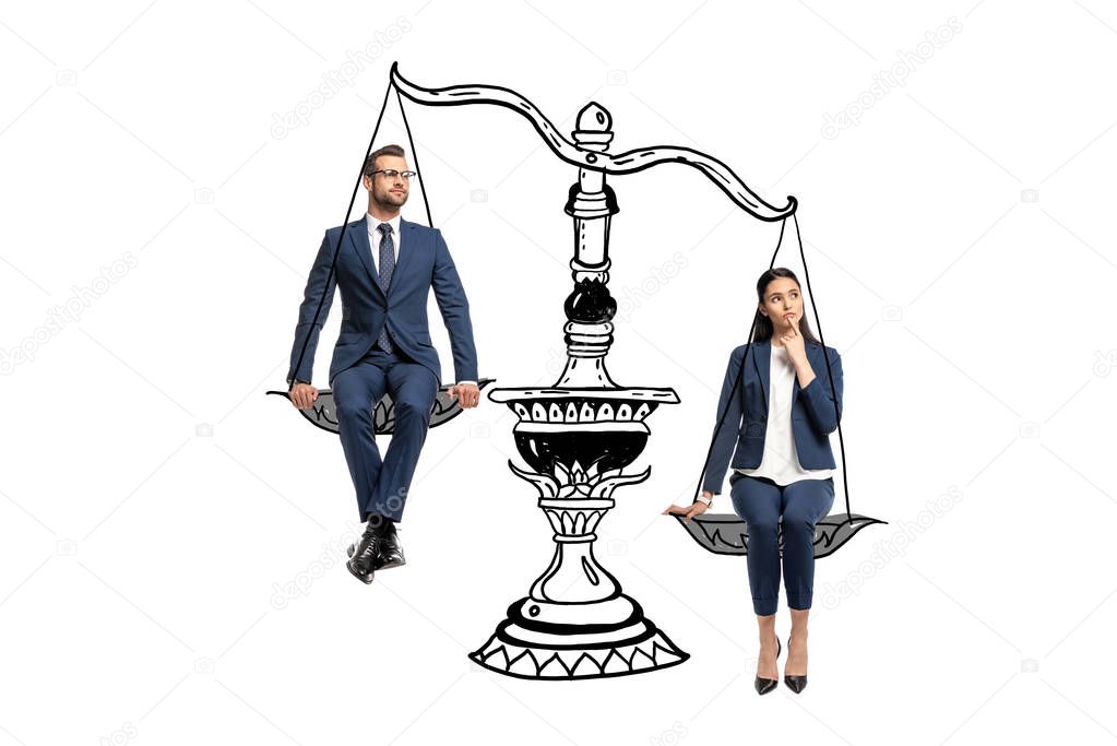 businessman and businesswoman in formal wear sitting on balance scales isolated on white