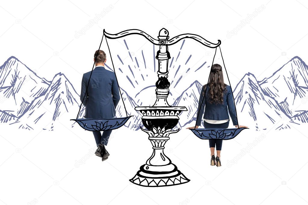 back view view of businessman and businesswoman sitting on balance scales isolated on white