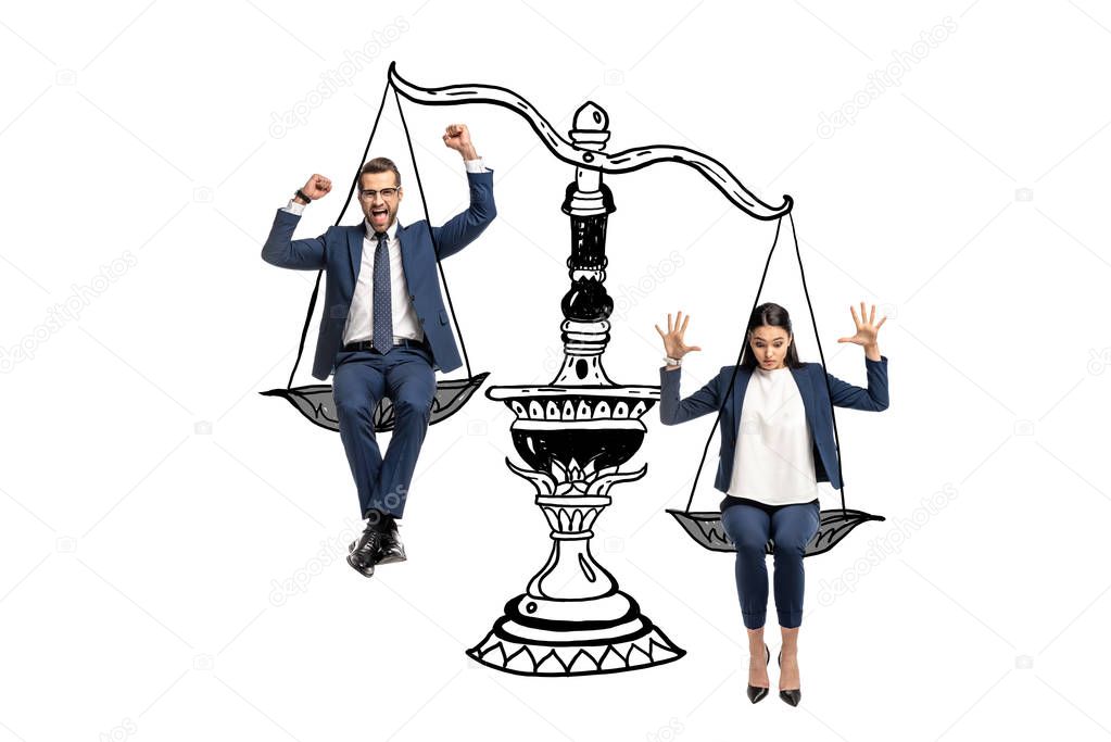 excited businessman and businesswoman sitting on balance scales and gesturing isolated on white