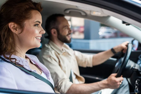 Selective Focus Happy Woman Sitting Handsome Man Driving Car — Stock Photo, Image