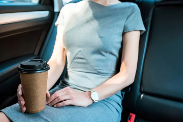Cropped View Woman Sitting Car Holding Paper Cup — Stock Photo, Image