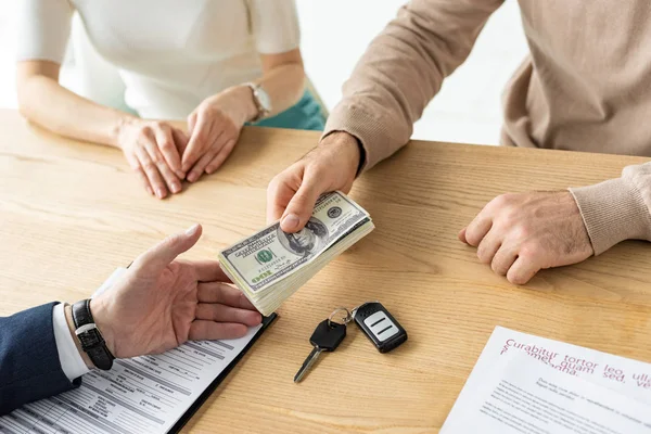 Overhead View Man Giving Money Car Dealer Woman — Stock Photo, Image