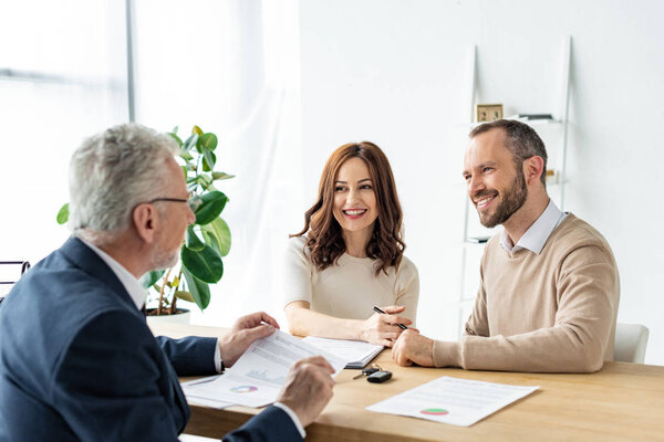 selective focus of happy woman and man looking at car dealer 
