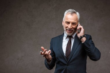 takım elbiseli neşeli işadamı akıllı telefon konuşuyor ve gri üzerinde gesturing 