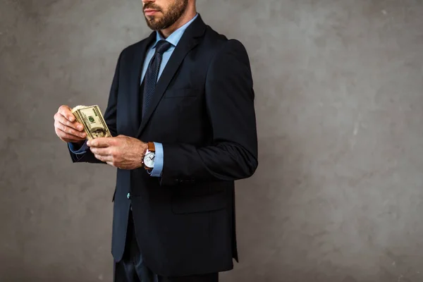 Cropped View Bearded Businessman Holding Dollar Banknotes Grey — Stock Photo, Image