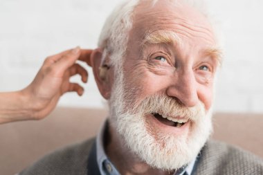 Woman hand helping grey haired man, wearing hearing aid clipart