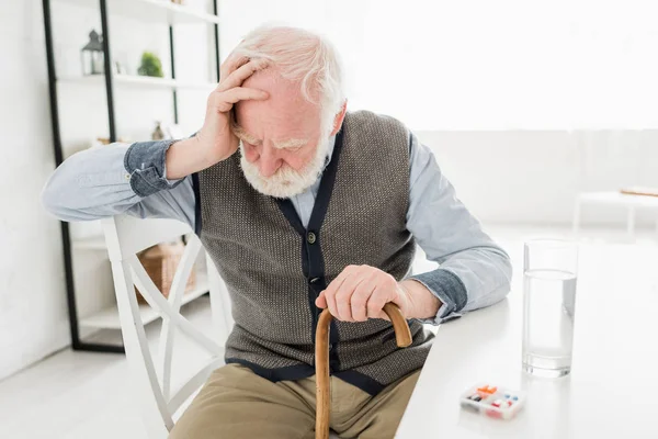 Depressed Senior Man Walking Stick Sitting Home — Stock Photo, Image