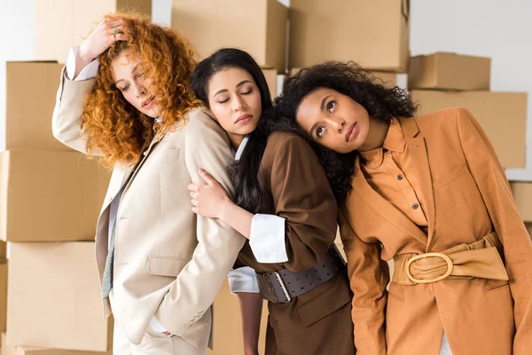 Attractive African American Women Beautiful Redhead Girl Cardboard Boxes White — Stock Photo, Image