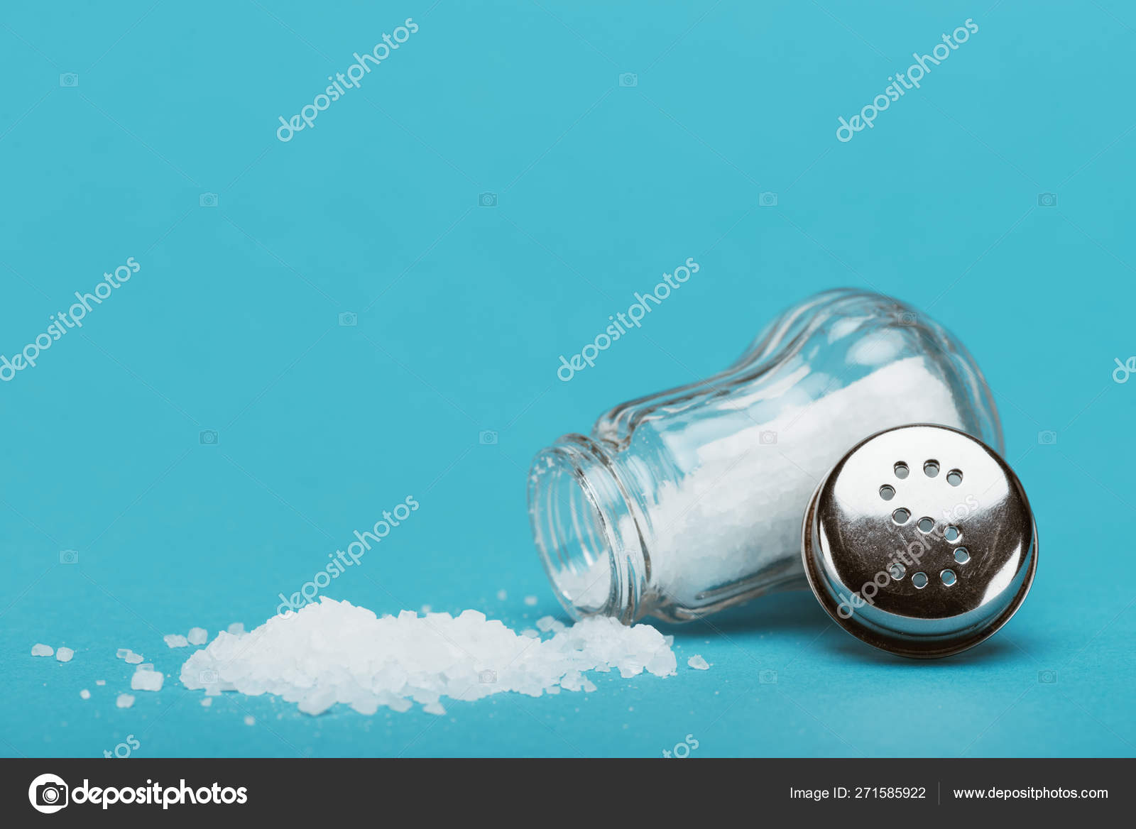 Open Salt Shaker Metallic Cap Sprinkled Salt Blue Background Copy Stock
