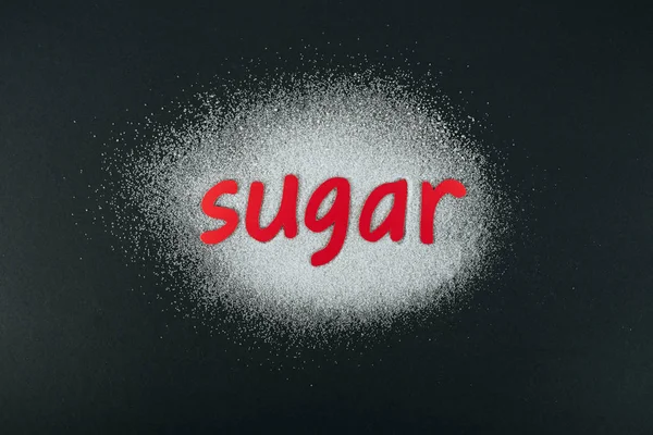 Top View White Sugar Crystals Red Paper Cut Word Sugar — Stock Photo, Image