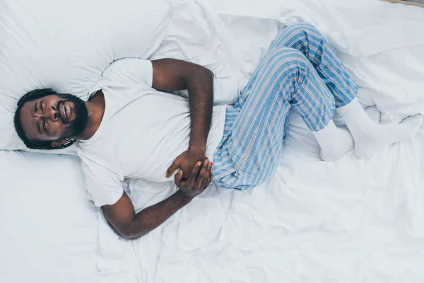 Top View Exhausted African American Man Suffering Abdominal Pain While — Stock Photo, Image