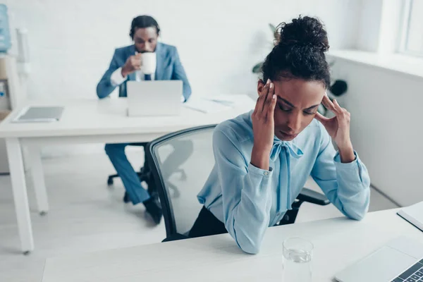 Selective Focus African American Businesswoman Suffering Headache While Sitting Office — Stock Photo, Image